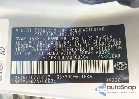 2010 Toyota Avalon Limited из США, поврежденный, VIN 4T1BK3DB2AU369884